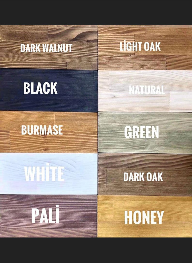 Puede incluir: Una paleta de colores que muestra varias opciones de tinte para madera. La imagen muestra bloques rectangulares de madera, cada uno te&ntilde;ido en un color diferente, incluyendo Nogal Oscuro, Negro, Blanco y Miel, con los nombres de los colores en texto blanco.