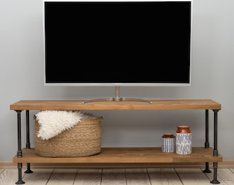 Industrial Wood & Metal TV Stand – Rustic Media Console, Dark Oak