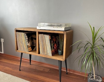 Solid Wood Record Player Stand, Modern Vinyl Storage Cabinet
