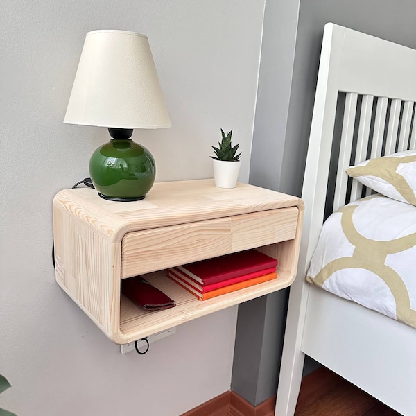 Handmade Wooden Floating Nightstand, Wall-Mounted Shelf, Light Oak