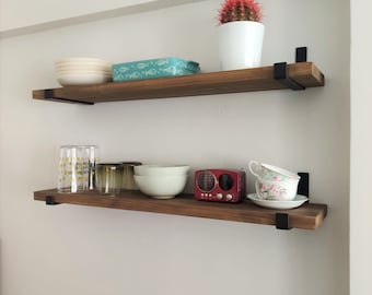 Rustic Floating Shelf with Iron Brackets, Farmhouse Style