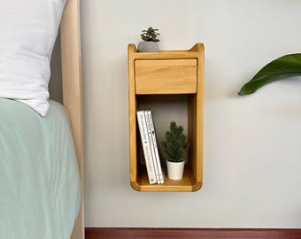 Handmade Floating Nightstand, Narrow Bedside Table, Natural Wood