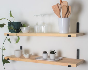 Farmhouse Floating Shelf, Rustic Pine, Blacksmith Brackets