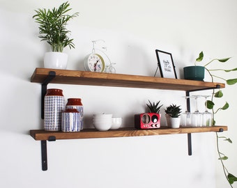Farmhouse Floating Shelf, Rustic Wood, Black Industrial Brackets