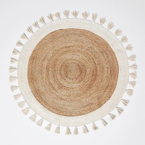 Indian Natural Handwoven Round Rug With Tassels / Bohemian Etsy