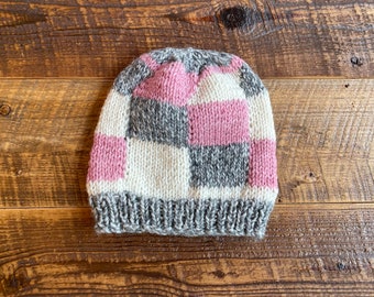 Handmade Small Geometric Gray, Pink, and Cream Small Beanie Using 100% Sustainable Acrylic Yarn