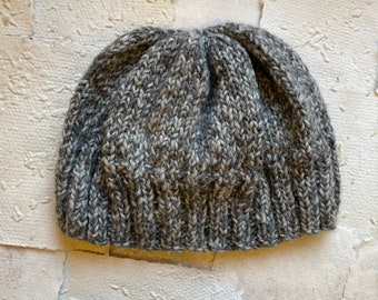 Handmade Cozy Puffy Grey Hat Using 100% Hand-Reclaimed Yarn