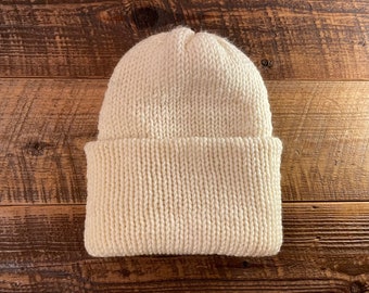 Handmade Double-Knit Cream Hat Using 100% Reclaimed Yarn
