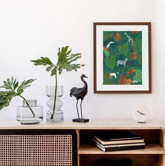 Affiche Style Jungle Tropical Couleur Verte avec Détails en Dorure Cuivre