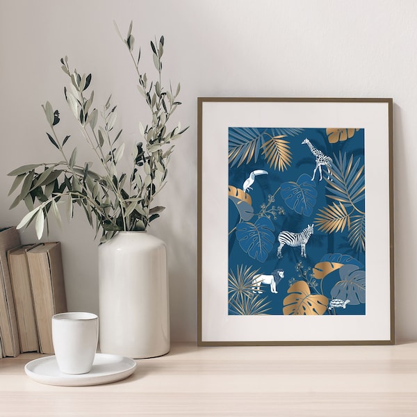 Affiche style JUNGLE tropical couleur BLEUE avec dorure OR