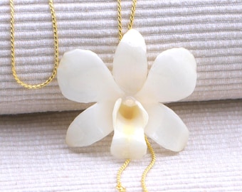 Real orchid necklace in white, handcrafted pendant with preserved flower, botanical jewelry gift for her