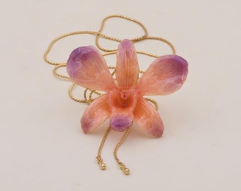Handmade necklace with real orchid in resin – Orange purple blossom – Adjustable chain – Floral jewelry – Gift for women