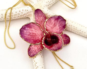 Real orchid necklace • 22K gold-plated flower edges • Natural jewelry • Gift for women • Dendrobium nobile