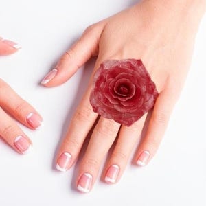 Könnte beinhalten: Eine Hand mit einer roten Rose am Ringfinger. Die Hand hat eine French Maniküre.