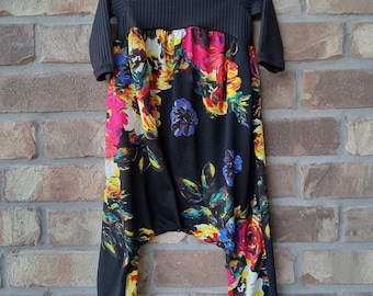 Handmade. Size 4/4T. Alley Cat Romper w/ long sleeves. Colorful Floral/Black.