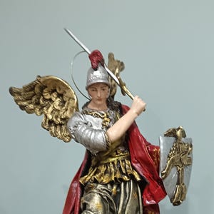 St Michael the Archangel Statue 15&quot; tall | Handcrafted and hand painted figurine of Saint Michael red and Silver | Catholic Art | Handmade