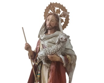 Jesus Good Shepherd Statue - Handcrafted and hand painted 14 inches - Red and white clothing and holding a sheep