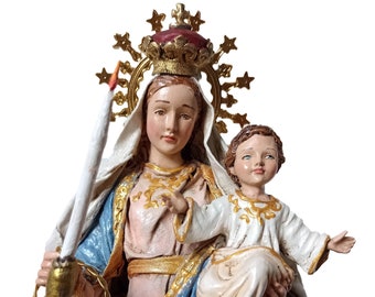 Our Lady of Candle / Virgen de la Candelaria - handcrafted statue 13 inches - Virgin with baby Jesus - Blue and white colors