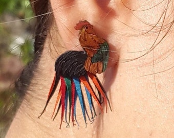 Hand painted rooster Earrings great gift for her Jewelry Wood Earring gift for Mom earrings hand decorated studs colorful - Mothers day Gift