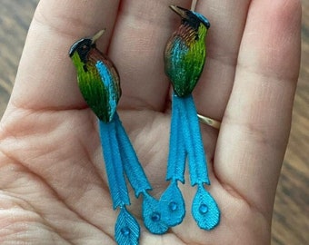 Mother's day Gift - Colorful wooden earrings, green bird, blue bird, cute bird jewelry hand decorated - lovely gift for her