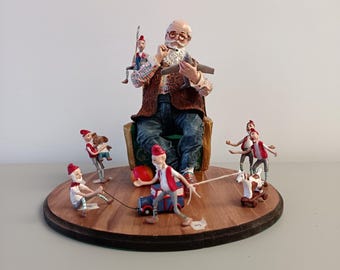 Hand-Painted Santa's Workshop Sculpture – Resin Face, Cotton Clothing, North Pole Scene