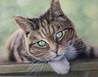 May include: A close-up of a tabby cat with green eyes, lying on a wooden surface. The cat has white whiskers and a white patch on its chest.
