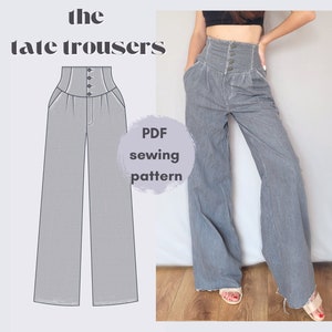 sewing pattern - the Tate Trousers - corset jeans sewing pattern, ultra high waist wideleg jeans sewing pattern