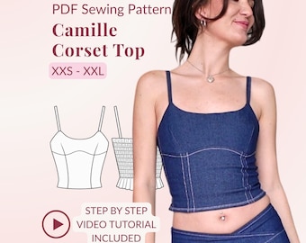 May include: A dark blue denim corset top with thin shoulder straps and visible white stitching. The image includes text reading PDF Sewing Pattern Camille Corset Top XXS - XXL and Step by Step Video Tutorial Included, alongside a line drawing.