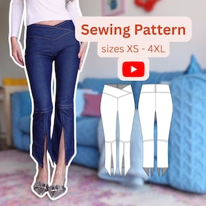 Puede incluir: Pantalones vaqueros azul oscuro con un diseño único de pernera dividida. Los pantalones presentan una cintura alta y un detalle de costura distintivo. La imagen incluye una ilustración de patrón de costura y el texto "Sewing Pattern" y "sizes XS - 4XL".
