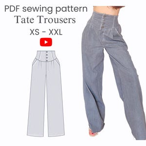 The Tate Trousers Sewing Pattern - Ultra High Waisted Wide Leg Jeans, Corset Inspired Jeans PDF Pattern - Sizes XS -XXL