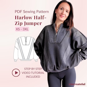 May include: A PDF sewing pattern for a Harlow Half-Zip Jumper in sizes XS-3XL. The image displays a dark grey half-zip jumper with a high collar, long sleeves, and a line drawing illustration of the garment design, including a step-by-step video tutorial.