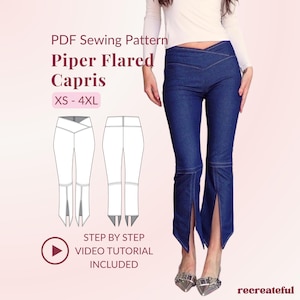 May include: A PDF sewing pattern for Piper Flared Capris in sizes XS-4XL. The image displays dark blue denim capris with a V-shaped crossover waistband and flared legs featuring front slits. A technical line drawing and video tutorial text are included.