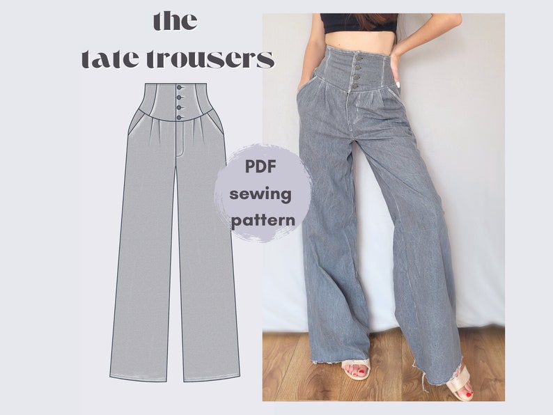 sewing pattern the Tate Trousers corset jeans sewing pattern, ultra high waist wideleg jeans sewing pattern image 1