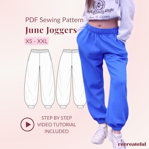 May include: A PDF sewing pattern for June Joggers in sizes XS-XXL, featuring a line drawing of loose-fitting joggers with an elastic waistband and cuffs. The image includes text, a play button icon for a video tutorial, and a photo of blue joggers.