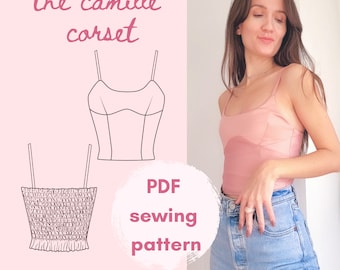 sewing pattern - the Camille Corset top - corset top sewing pattern, bustier top sewing pattern with shirred back