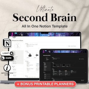Op de afbeelding: Een laptopscherm dat een Notion-sjabloon toont genaamd "Ultimate Second Brain" met een donkere modus en een lichte modus optie. De sjabloon is ontworpen om gebruikers te helpen hun gedachten, ideeën en projecten te organiseren. De tekst "+ BONUS PRINTABLE PLANNERS" wordt onder de laptop weergegeven.
