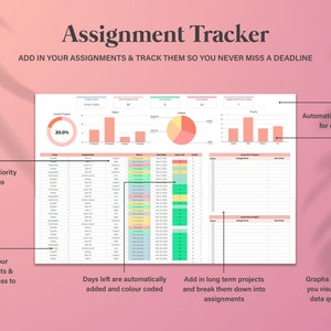 Academische studentplanner-spreadsheet, schoolopdrachttracker Google Spreadsheets, spreadsheet voor het bijhouden van opdrachten, online studieplanner-sjabloon afbeelding 4