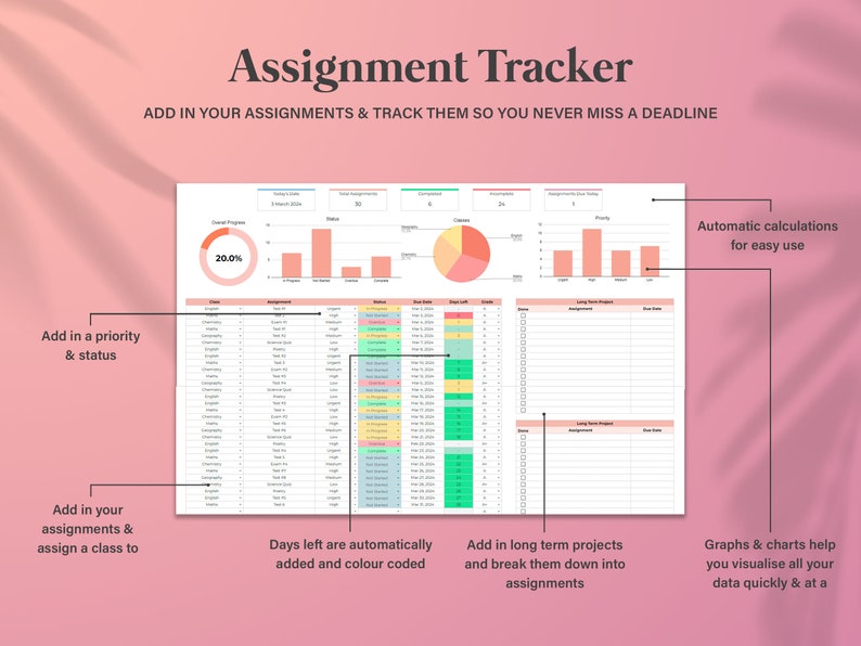 Academische studentplanner-spreadsheet, schoolopdrachttracker Google Spreadsheets, spreadsheet voor het bijhouden van opdrachten, online studieplanner-sjabloon afbeelding 4