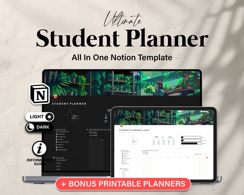 May include: A laptop and tablet screen displaying a Notion template for student planning. The template has a dark mode and light mode option. The template includes sections for assignments, exams, notes, and more. The text on the screen reads "Ultimate Student Planner" and "All In One Notion Template".