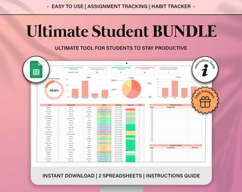 Ultieme studentproductiviteitspreadsheets BUNDEL, Academische schoolplanner, Schoolopdrachttracker Google Spreadsheets, Ultieme gewoontetracker