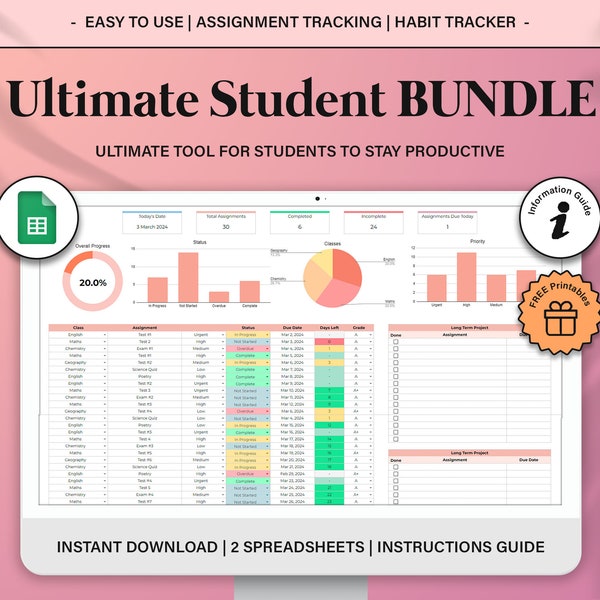 Ultimative Tabelle für Schüler-Produktivität, Akademischer Schulplaner, Schulzuordnungs-Tracker Google Sheets, Ultimativer Habit-Tracker