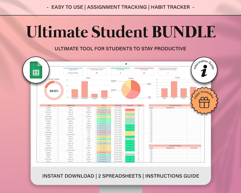 Ultimate Student Productivity Spreadsheets BUNDLE, Academic School Planner, School Assignment Tracker Google Sheets, Ultimate Habit Tracker