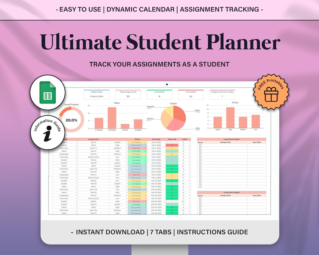 Student Planner Spreadsheet, Assignment Tracker Google Sheets, Academic ...