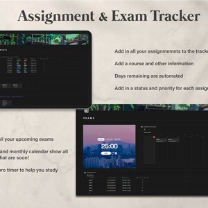 May include: A screenshot of a computer screen displaying a program for tracking assignments and exams. The program has a dark background with green accents. The top of the screen reads "Assignment & Exam Tracker". The program is divided into two sections, one for assignments and one for exams. The assignments section features a calendar view and a list of assignments. The exams section includes a countdown timer and a calendar view.