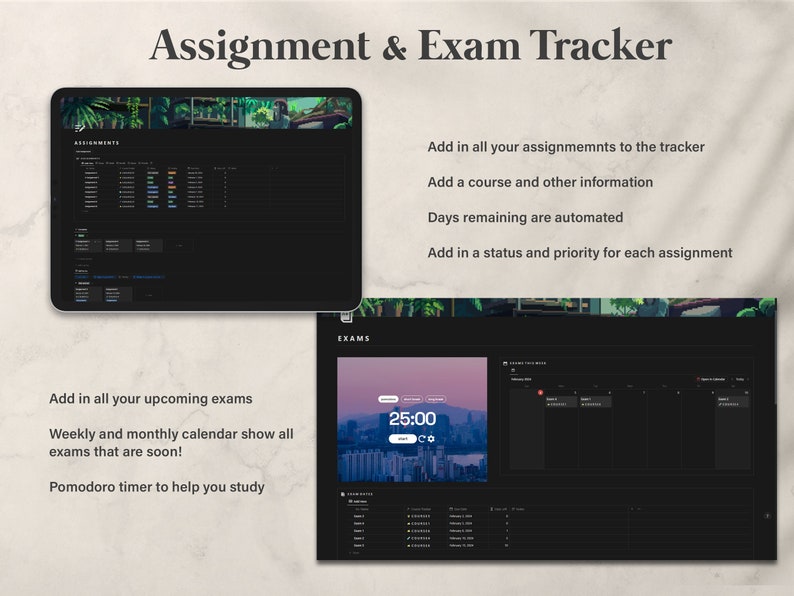 May include: A screenshot of a computer screen displaying a program for tracking assignments and exams. The program has a dark background with green accents. The top of the screen reads "Assignment & Exam Tracker". The program is divided into two sections, one for assignments and one for exams. The assignments section features a calendar view and a list of assignments. The exams section includes a countdown timer and a calendar view.
