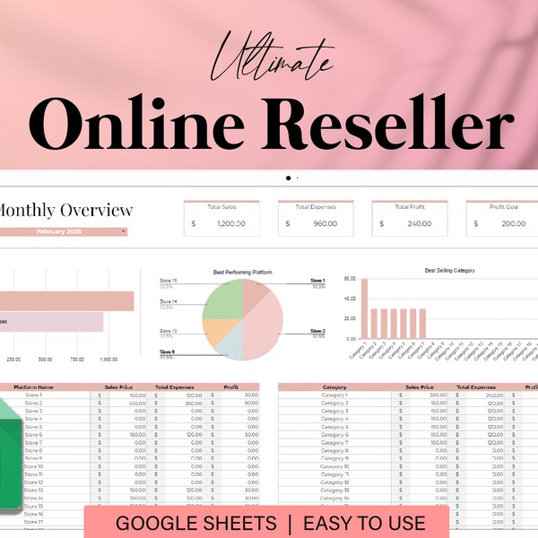 Revendeur de vente en ligne ultime pour Google Sheets, feuille de calcul pour revendeur, suivi des stocks et des ventes, modèle de revendeur Ebay et poshmark