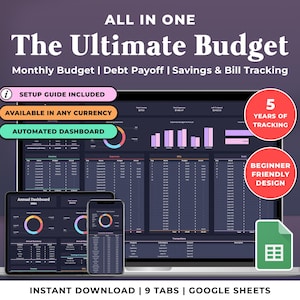 Annual Budget Spreadsheet Google Sheets Budget Template Dark Mode Monthly Budget Tracker Financial Planner Bill Tracker Savings Debt Tracker