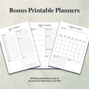 May include: Three printable planner templates: a daily planner, a weekly planner, and a monthly planner. Each planner has sections for scheduling, to-do lists, notes, and other important information. The planners are designed in a simple black and white style.