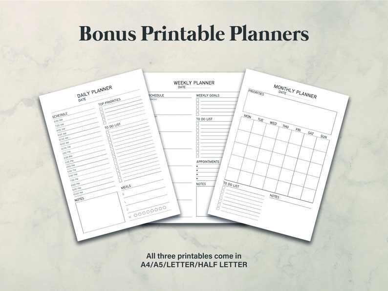 May include: Three printable planner templates: a daily planner, a weekly planner, and a monthly planner. Each planner has sections for scheduling, to-do lists, notes, and other important information. The planners are designed in a simple black and white style.