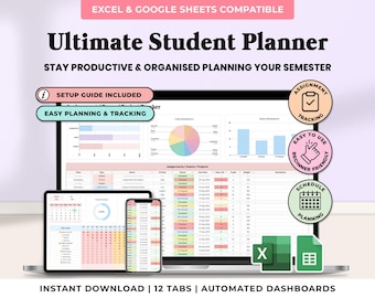 Foglio di calcolo per la pianificazione degli studenti accademici, Tracker dei compiti scolastici, Google Fogli Excel, Modello per la pianificazione degli studi universitari, Planner delle lezioni universitarie